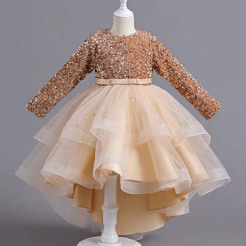 Vestido de fiesta de tul con capas y parte superior de lentejuelas y mangas largas para niñas