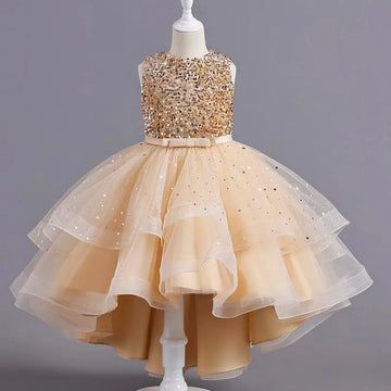 Girls Sleeveless Sequin Bodice High Low Tulle Layered Dress in Gold