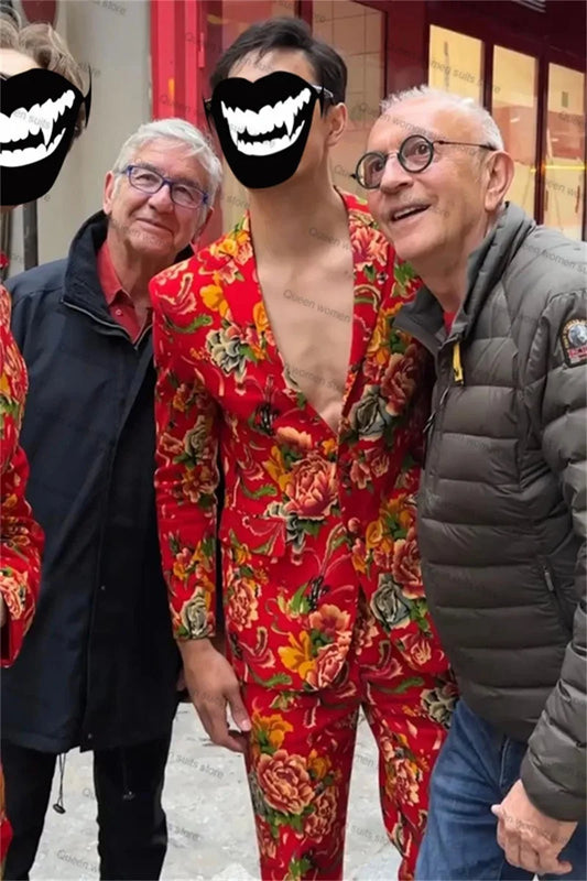 Conjunto de traje de 2 piezas con estampado de flores para hombre, chaqueta y pantalones formales de boda rojos, a medida, para fiesta de graduación, para invitados, novio, esmoquin, chaqueta y abrigo.