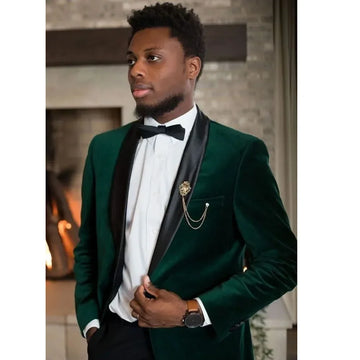 Traje formal verde para hombre, blazer de terciopelo negro con solapa chal, botonadura sencilla, ajustado, 2 piezas, chaqueta y pantalón, conjunto para fiesta de graduación