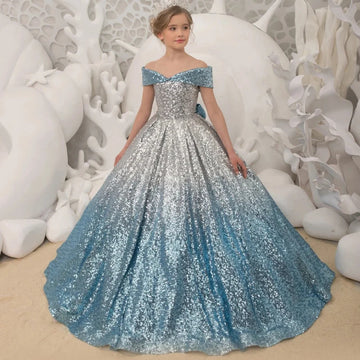 Girls Sequin Ball Gown Off Shoulder Blue and Silver Glitter Dress