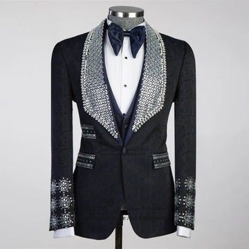 Costume de smoking de luxe à col châle et perles pour homme - Ensemble blazer de mariage 3 pièces avec accents de cristal pour le marié et les événements officiels