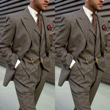 Formal Men Wedding Tuxedos Tweed Woolen Striped Groommen Party Prom Pants Suits Jacket Business Work Wear Outfit 3 Pieces
