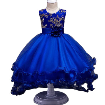 Girls Royal Blue Sleeveless Flower Embroidered Tulle Ball Gown Dress