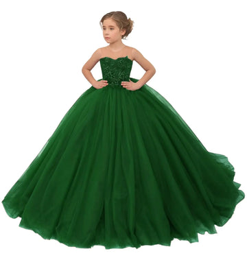 Vestido elegante de tul verde sin tirantes para niña con adornos de encaje