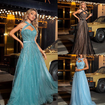 Glamorous Sequin A-Line Evening Gown with Tulle Halter Neck and Sweetheart Cut for Formal Occasions