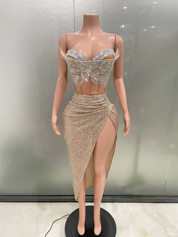 Glitter Rhinestone Bright Sequins Two Pieces Evening Party Dress Women Celebrate Festival Dancer Bar Nightclub Ds Dj Stage Wear