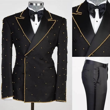 Gold Beads Mens Wedding Tuxedos Beading Peaked Lapel Custom Made Jacket Pants Suits 2 Pieces Birthday Party Prom Groom Wear