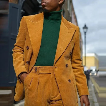 Costume 2 pièces en velours côtelé jaune pour homme, coupe décontractée, croisé, revers pointus, style africain, smoking de mariage