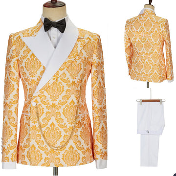 Gold Pattern Men Suits 2 Pieces Plus Size Custom Made Wedding Tuxedos For Business Formal Wear