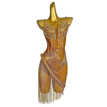 Gold Rhinestones Chains Transparent Short Dress Birthday Celebrate Prom Gowns Evening Costume Dance Performance Dress