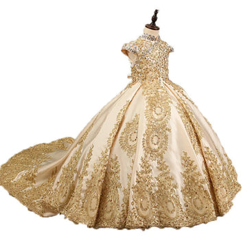 Vestido de princesa elegante con bordado dorado y cola para niñas de lujo