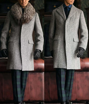 Gray Herringbone Coat Men Suit Tailor-Made One Piece Overcoat Single Breasted Winter Warm Business Wedding Groom Prom Tailored
