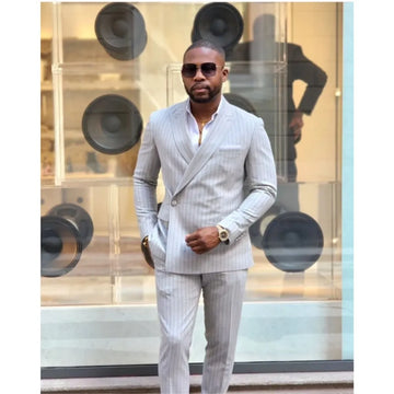 Gray Stripe Men Suits Peaked Lapel Custom Made One Button Slim Fit Tuxedo Masculino Blazer Prom Daily Wear 2 Pcs Jacket+Pants
