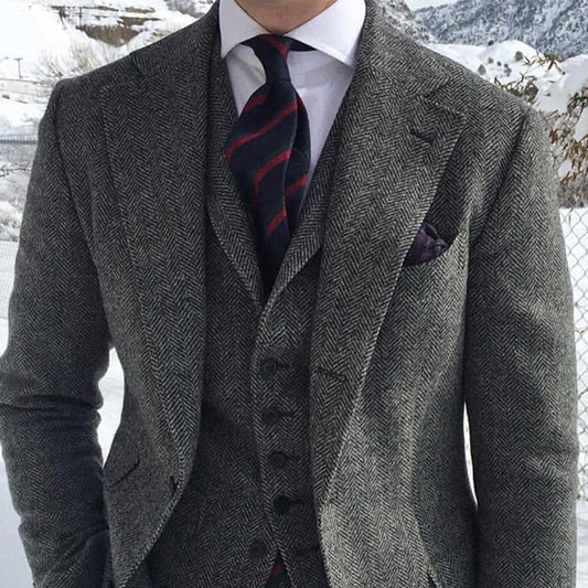 Costume d'hiver gris en tweed de laine pour homme, smoking de mariage formel à chevrons, 3 pièces (veste, gilet, pantalon, cravate)