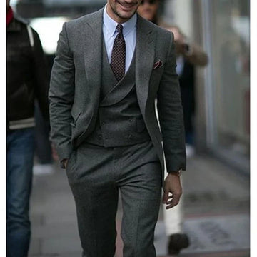 Trajes de lana gris para hombre, boda, esmoquin de novio de 3 piezas a medida, conjunto de ropa de moda para graduación, chaqueta, chaleco y pantalones