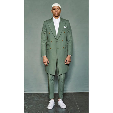 Green Leisure Suits for Men Long Jacket Pants 2 Piece Double Breasted Peak Lapel Casual Office Traveling Outfits Terno Masculino
