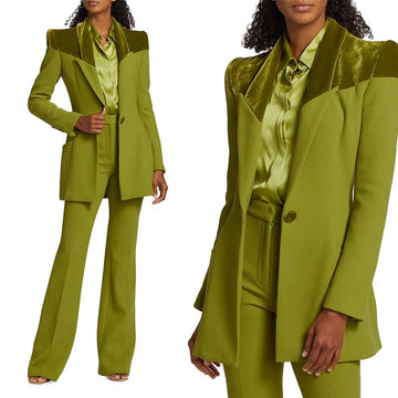 Green Women Suits Pant Set Blazer+Trousers Stitching Velvet Mother Guest Wedding Tuxedo Office Lady Formal Prom Dress Customize