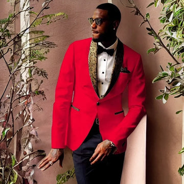 Smokings de marié pour garçons d'honneur, coupe slim, costumes de mariage pour hommes avec revers fleuri doré, costume de soirée de bal (veste + pantalon)