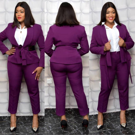 Ensemble blazer violet grande taille avec ceinture pour mère de la mariée, tenue de soirée, de bal, de mariage, veste et pantalon