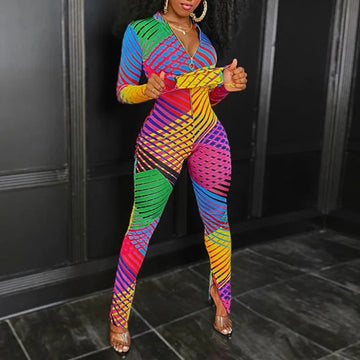 Corful Print Slim Jumpsuits for Women Zipper Playsuit New Fashion Long Sleeve Trouser Women Sexy Sport Fitness Romer Outfit