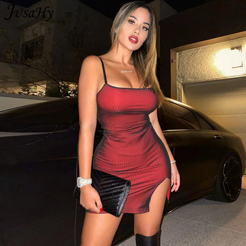 Y2K Sexy Slim Bodycon Split Dresses Women's Banquet Solid Sleeveless Summer Skinny Sling Street Party Club Dress Hot