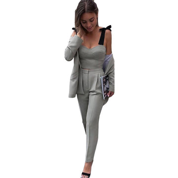 Ocio Vacaciones Gris Mujeres Boda Esmoquin Entallado Madre de la Novia Pantalones Trajes Fiesta Noche Invitado Ropa 3 Piezas