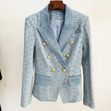 Newest Jacket Women's Double Breasted Lion Buttons Monogram Jacquard Denim Blazer