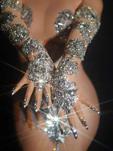 Luxury Big Crystal Rhinestones Bridal Long Sleeve Gloves Nightclub Birthday Party Wedding Prom Jewelry Accessories Dancer Stage