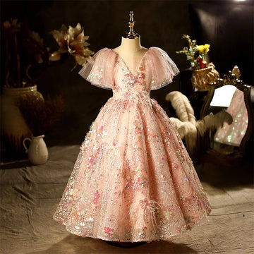 Robe de princesse pour filles, robe de baptême en dentelle à paillettes et fleurs, vêtements pour enfants, costumes de fête élégants, vêtements d'anniversaire