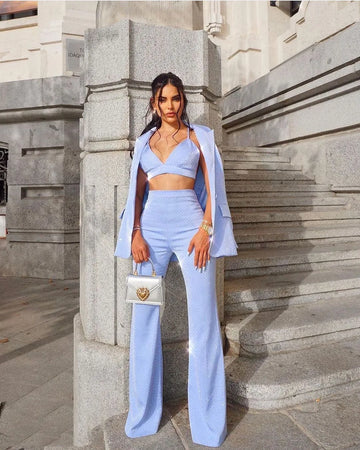 Conjunto de 3 piezas de blazer y pantalón para mujer, con un solo botón, diamantes y cuentas