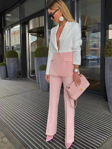 Designer Runway Suit Set Women's Office Single Button Color Block Patchwork Blazer Flare Pants Suit