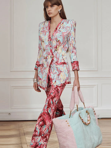 Ensemble de costume pour femme, blazer à manches 3/4 et pantalon évasé imprimé plumes, 2 pièces