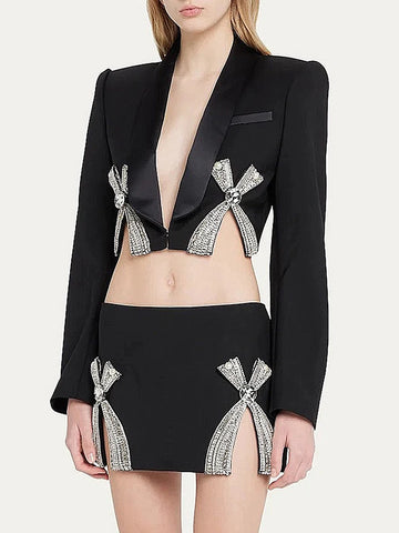 Ensemble de costume pour femme, luxueux ensemble blazer court et jupe ornée de diamants et de perles
