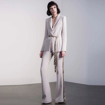 Conjunto de traje de pasarela para mujer, con cintas, cuentas, cordón, cinturón, blazer, pantalones acampanados, traje