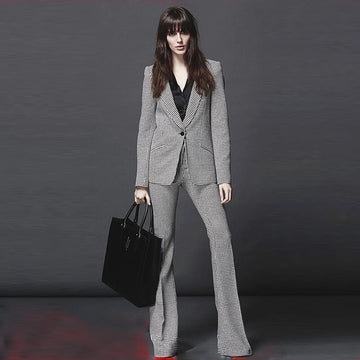 Conjunto de traje de diseñador más nuevo para mujer, estilo profesional, blazer a cuadros de un solo botón y pantalón acampanado.