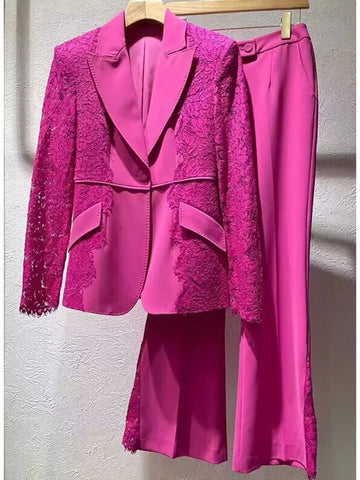 Ensemble de costume pour femme en dentelle patchwork, blazer à un bouton, pantalon évasé, ensemble 2 pièces
