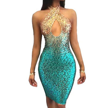 Sexy Chic Summer Gold Red Sequins Dress Backless Sleeveless Bodycon Muliti Color Cross Halter Club Party Dresses Vestidos