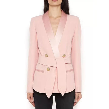 Newest Fashion Blazer Women's Shawl Collar Double Breasted Metal Buttons Belt Blazer Jacket