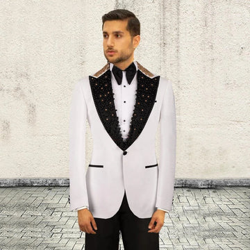 Smoking blanc de luxe fait main avec revers pointus noirs et veste ornée, costume 2 pièces élégant pour mariages et événements formels