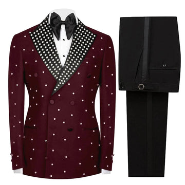 Costume de mariage 2 pièces pour homme, élégant, avec perles, revers pointus, pantalon sur mesure, pour fête d'anniversaire, bal de promo