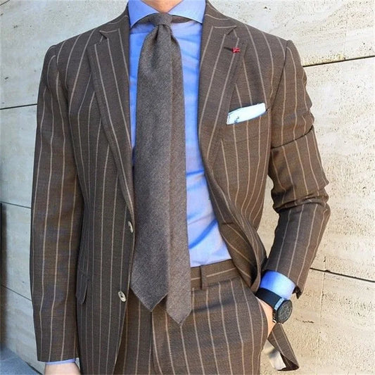 Elegant Brown Pinstripe Men's Business Suit Set - Tailored Fit 2-Piece (Blazer + Pants) for Casual and Formal Occasions