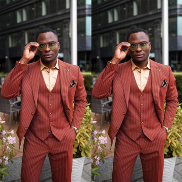 Classic Business Mens Pants Suit 3 Pieces Striped Groom Tuxedos Peaked Lapel Slim Fit Prom Party Blazer (Jacket+Vest+Pants)