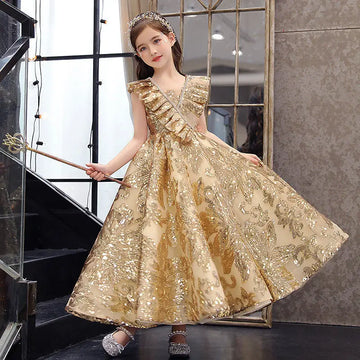 Robe de première communion pour fille, robe de bal, de concours, de mariage élégante, à paillettes, pour enfants, tenue de performance de piano