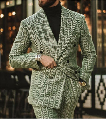 Herringbone Men Suit Slim Fit 2pcs Wool Blend Double Breasted Tuxedos Formal Tailored Formal Business Wedding Prom Daily