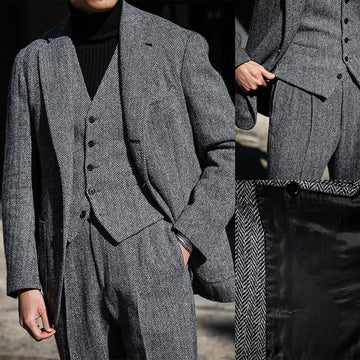 Herringbone Men Suits 3 Pieces Business Blazer Vest Pants Single Breasted Gray Wedding Groom Formal Work Party Causal Tailored