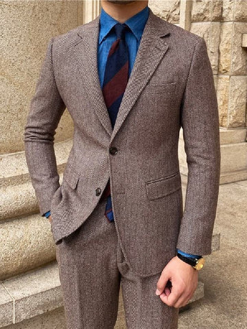 Herringbone Men' s Suit 2 Pieces Blazer Pants Single Breasted Peaked Lapel Tuxedo Tuxedo Business Modern Wedding Groom