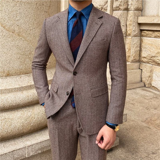Costume homme 2 pièces à chevrons, blazer et pantalon, simple boutonnage, revers en pointe, smoking, affaires, mariage, moderne