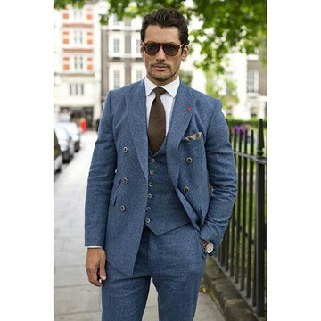 Traje azul ajustado de alta calidad para hombre, conjunto de 3 piezas con doble botonadura y solapa de pico, ideal para el día a día (chaqueta, pantalón y chaleco).
