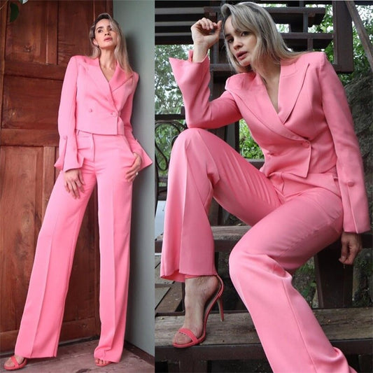 Ensemble costume 2 pièces rose vif pour femme, blazer + pantalon, veste courte, smoking de mariage, robe de soirée sur mesure
